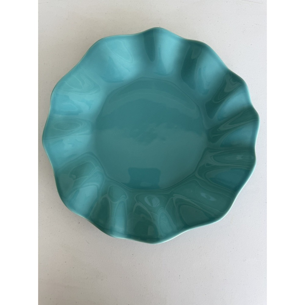 Crate&Barrel Susie B. Eigen 12" Turq Ruffle Dinner Plate Mde in Portugal Set 2 - Picture 2 of 6